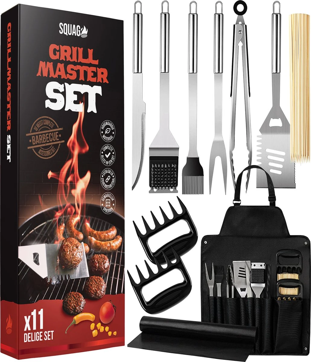 Squago BBQ Accesoires XXL Set Met Schort - Gereedschap - Gereedschapset Tang Borstel Mat 3 Squago BBQ Accesoires XXL Set Met Schort - Gereedschap - Gereedschapset Tang Borstel Mat