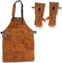 Leren Schort Suede + Handschoenen | LICHT BRUIN (Cognac) | BBQ Schort - Lederen Kookschort – Man - 81 X 56 Cm