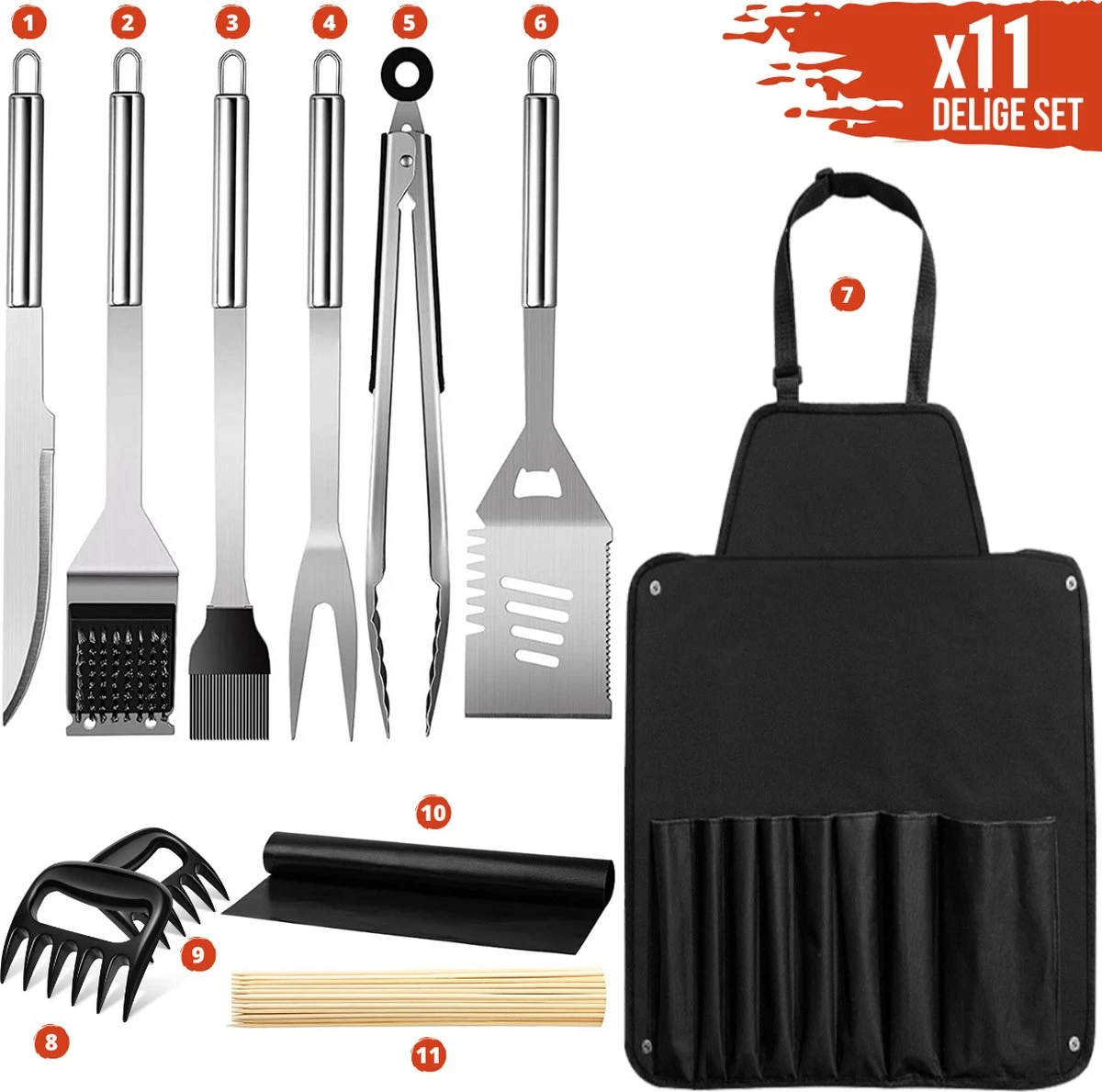 Squago BBQ Accesoires XXL Set Met Schort - Gereedschap - Gereedschapset Tang Borstel Mat 7 Squago BBQ Accesoires XXL Set Met Schort - Gereedschap - Gereedschapset Tang Borstel Mat - Afbeelding 5