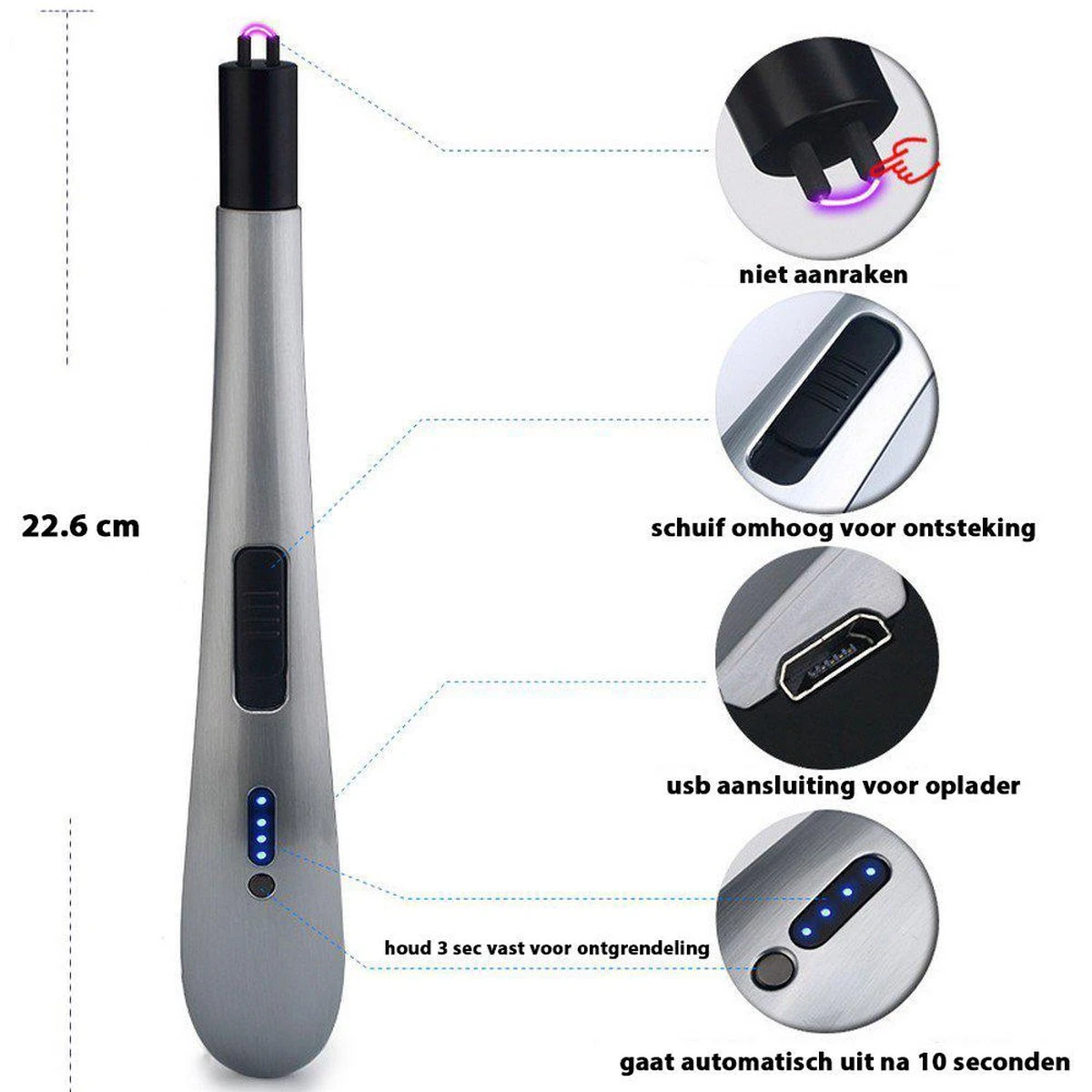 Oplaadbare Lange Elektrische Aansteker - Zilver - Duurzame Plasma Aansteker - Inclusief Cadeauverpakking - BBQ - Kaarsen 4 Oplaadbare Lange Elektrische Aansteker - Zilver - Duurzame Plasma Aansteker - Inclusief Cadeauverpakking - BBQ - Kaarsen - Afbeelding 2