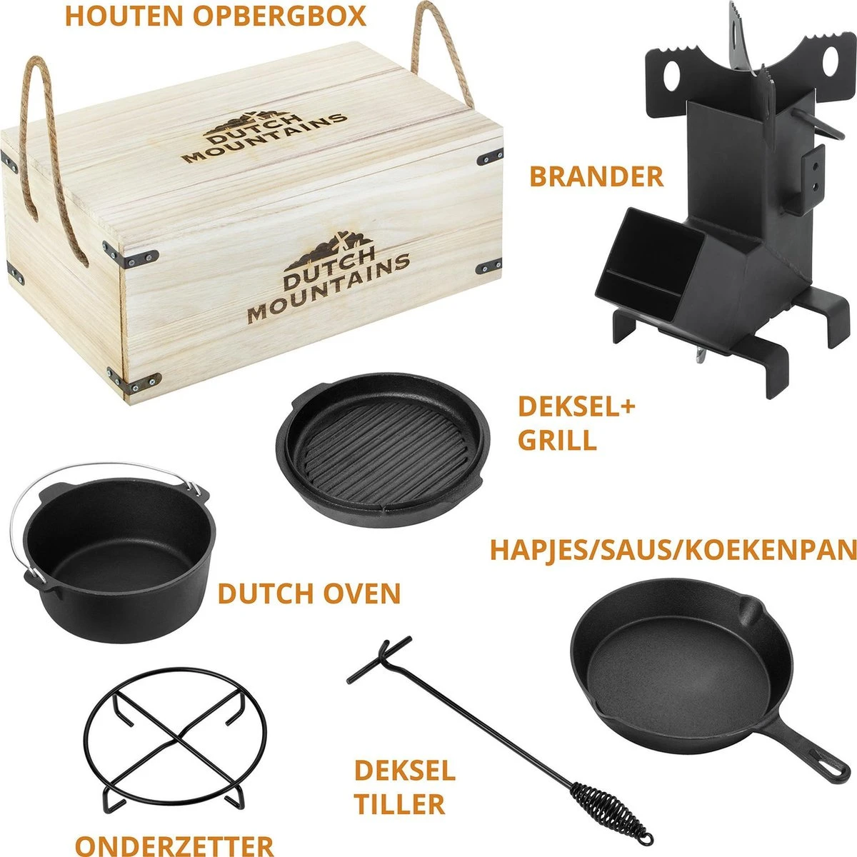 Dutch Mountains Gietijzeren Pannenset 7-delig - Dutch Oven – Braadpan - Grillpan - Hapjespan - Kookset In Houten Transportkist - Deksellifter - Brander 8 Dutch Mountains Gietijzeren Pannenset 7-delig - Dutch Oven – Braadpan - Grillpan - Hapjespan - Kookset In Houten Transportkist - Deksellifter - Brander - Afbeelding 6