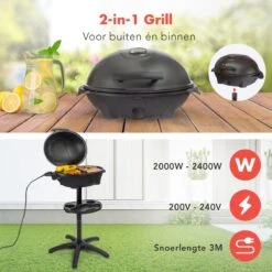 KitchenBrothers Elektrische BBQ - Met Grillplaat - Anti-aanbaklaag - Incl. Plank/Houders - Grilloppervlak 46,5x33,8cm - Tot 300°C - 2400W - Zwart -Bbq Gereedschap Winkel 1200x1200 627