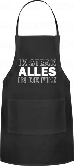 IK STEAK ALLES IN DE FIK! Unisex Schort - Zwart - One Size (volwassenen) - Keuken Schort - Barbeque BBQ Schort - Bedieningsschort - Grappige Teksten - Original Kwoots- Voor Zowel Mannen Als Vrouwen - Verstelbaar - Wasbaar - Cadeau - Apron -Bbq Gereedschap Winkel 539x1200 1